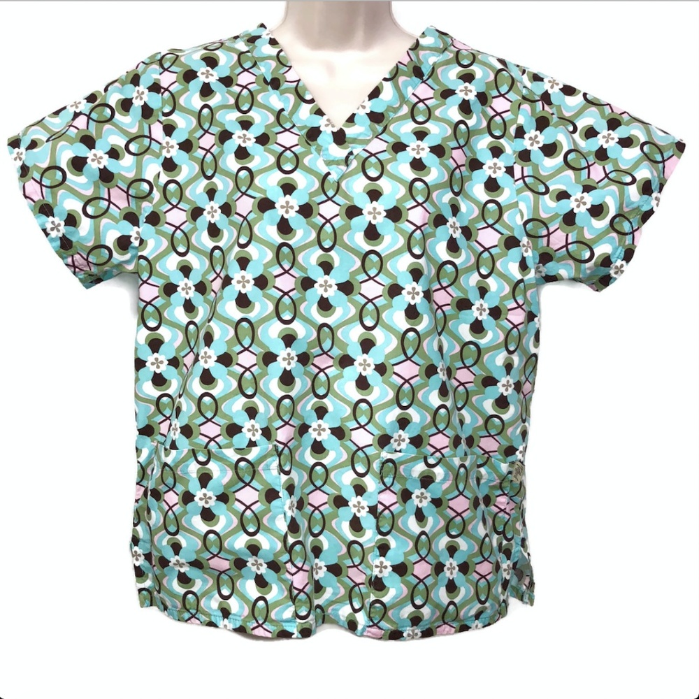Tafford Brown Pink Floral Scrub Shirt Sz Small Nurse Vet Xray Tech